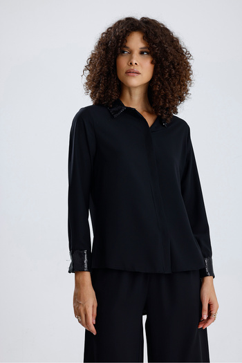 Sense Sequin Detailed Long Sleeve Dubai Shirt Wide Size Range |   Gml36083 Black