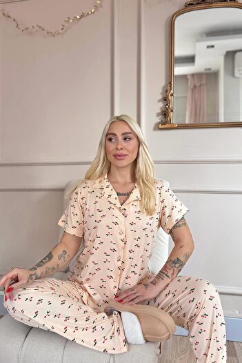 Pijamaevi Yellow Royal Cherry Patterned Bamboo Front Buttoned Short Sleeve Pajama Set