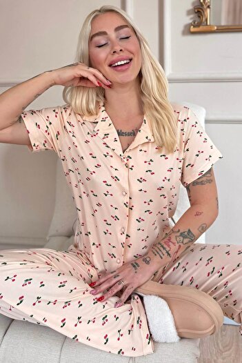 Pijamaevi Yellow Royal Cherry Patterned Bamboo Front Buttoned Short Sleeve Pajama Set