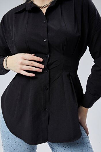 EMMAS CLOTHİNG Kadın Belden Oturtmalı Pileli Siyah Gömlek