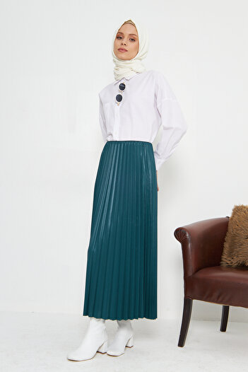 RTBUTİK Emerald Leather Look Pleated Hijab Skirt, Hijab Skirt, Women's Gift Skirt, Stylish Skirt, Long Skirt