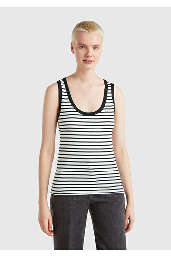 United Colors of Benetton Women's White 100% Cotton Striped Regular Fit Tank Top with Logo Embroidery Detail