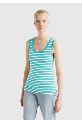 United Colors of Benetton Women's Blue 100% Cotton Striped Regular Fit Tank Top with Logo Embroidery Detail