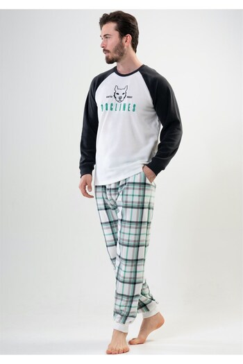 VİENETTA Vienetta Men's Ecru Fleece Long Sleeve Pajama Set