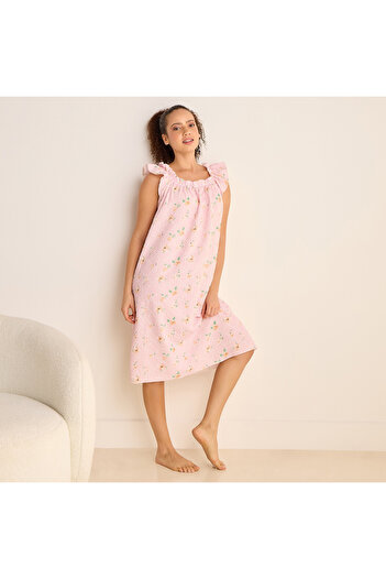FAV Floral Print Sleeveless Night Dress with Ruffle Detail