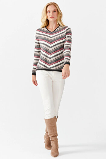 Desen Triko Women's Striped V-Neck Sweater Dark Smoked