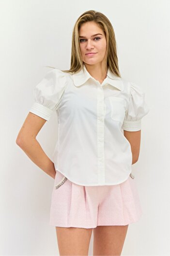 Steve Madden Women Spread Neck Short Sleeves Plain Blouse, White