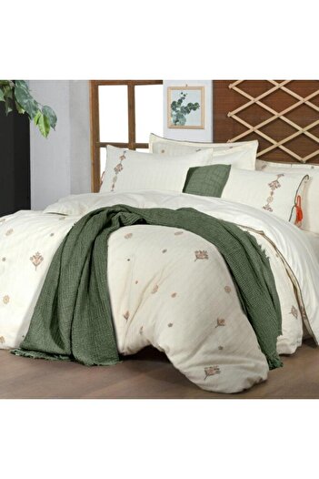 Sarev İdil Ecru King Size 100% Cotton Mood Comfort Muslin Duvet Cover Set