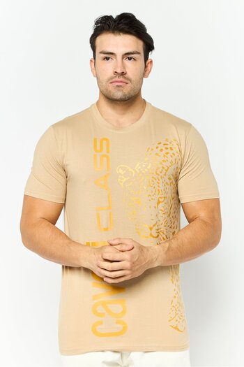 Cavalli Class Men Crew Neck Short Sleeve Brand Logo T-Shirt, Beige
