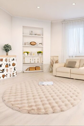 Myevilla Bubble Yuvarlak Bej Uzun Tüylü Yumuşak Peluş Kaymaz Yıkanabilir Salon Oturma Odası Balkon Halısı