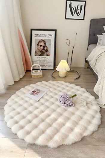 Myevilla Bubble Yuvarlak Krem Uzun Tüylü Yumuşak Peluş Kaymaz Yıkanabilir Salon Oturma Odası Balkon Halı
