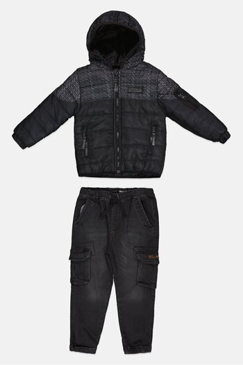 BENCH Toddlers Boy 3 Piece Hooded Brand Logo Puffer Jacket Set, Black Combo