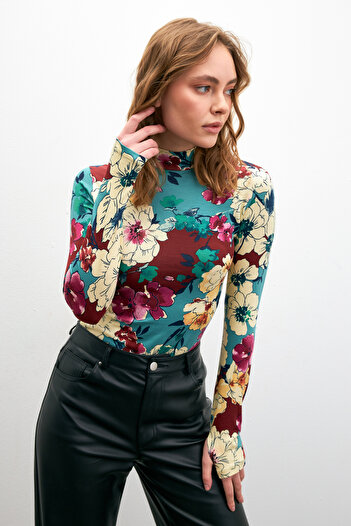 Bipantolon Kadi Water Green Floral Patterned Body with Finger Detail