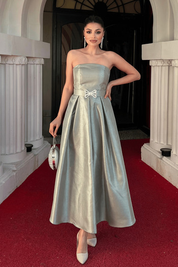 giyimmasalı Taffeta Satin Fabric Strapless Midi Dress - Khaki Green