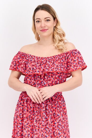 Nautica Women Floral Print Midi Dress, Red Combo