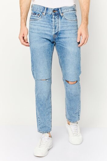 GAS Men Tapered Fit Rip Non Stretchable Denim Jeans, Blue