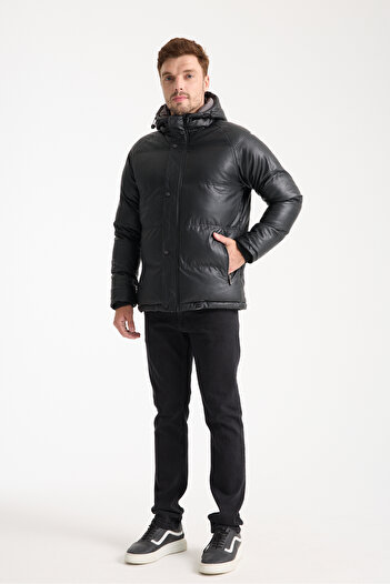 DYNAMO Men's Black Fixed Hooded Faux Leather Puffer Coat