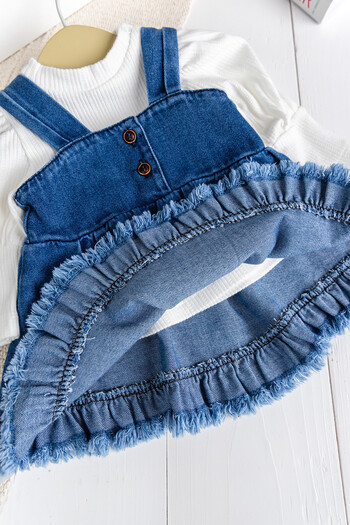 Babymod Püsküllü Jean Jile  Elbise Kot Salopet Buluz Set
