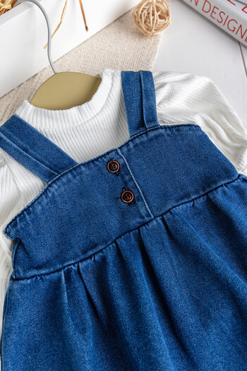 Babymod Püsküllü Jean Jile  Elbise Kot Salopet Buluz Set