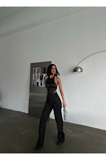 Diviny Rhinestone High Waist Palazzo Cut Jeans