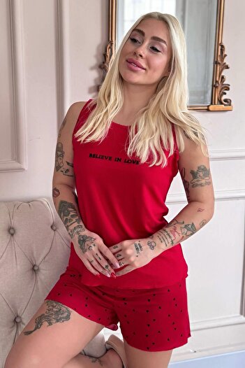 Pijamaevi Red Believe Patterned Bamboo Women's Pajamas Set with Zero Sleeve Shorts