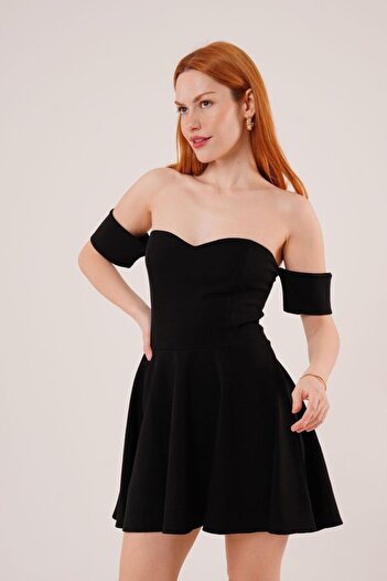 buğrahayalin    Strapless Black Mini Dress with Sleeve Detail