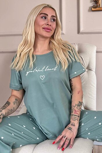 Pijamaevi Green Grateful Heart Patterned Bamboo Short Sleeve Women's Pajamas Set
