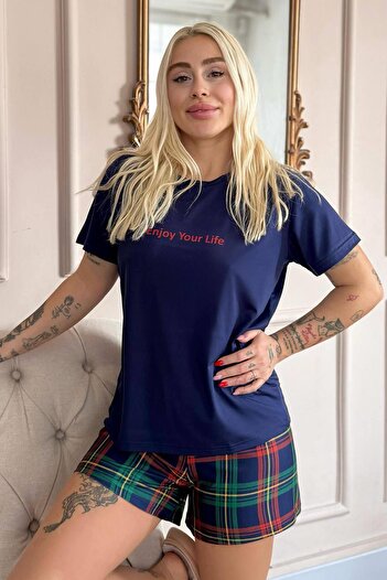 Pijamaevi Navy Enjoy Patterned Short Sleeve Shorts Knitted Women's Pajamas Set