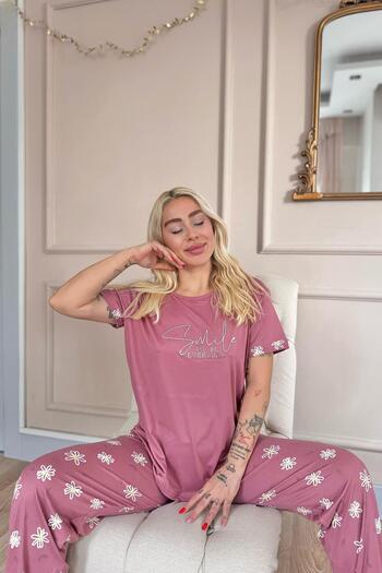 Pijamaevi Powder Smile Everyday Patterned Bamboo Short Sleeve Women's Pajama Set