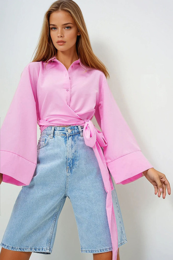 VAGGON Women's Pink Wide Cuff Sleeve Detailed Tie Front Poplin Shirt Prmx13750