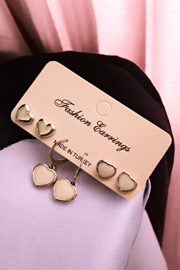 EUROMODA 3-Piece Earring Set with Ball Earrings - Heart Design