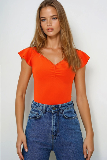 VAGGON Orange Heart Collar Blouse - Ruffled Shirring and Mindful Knitted Crepe Design Prmx13496