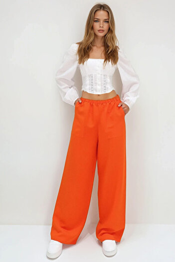 VAGGON Women's Orange Double Pocket Elastic Waist Linen Wide Leg Pants Prmx13768