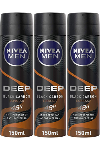 NIVEA بخاخ مزيل العرق للرجال من دييب بلاك كاربون مضاد للبكتيريا برائحة الإسبريسو 150 مل × 3
