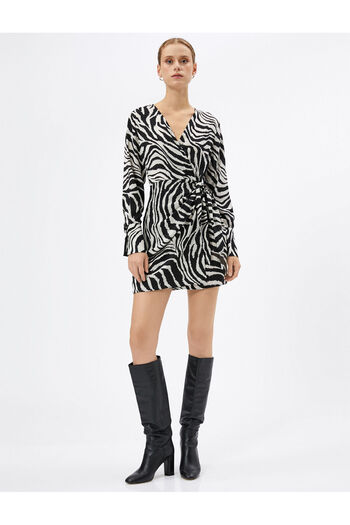 Koton Zebra Desenli Elbise Mini Anvelop Uzun Kollu V Yaka