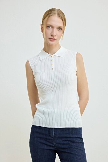Gusto Polo Neck Sleeveless Knitwear Blouse - Ecru