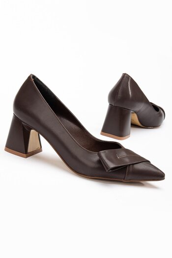 Dilimler Ayakkabı Women's High Heels - Brown Side Bow Thick Model