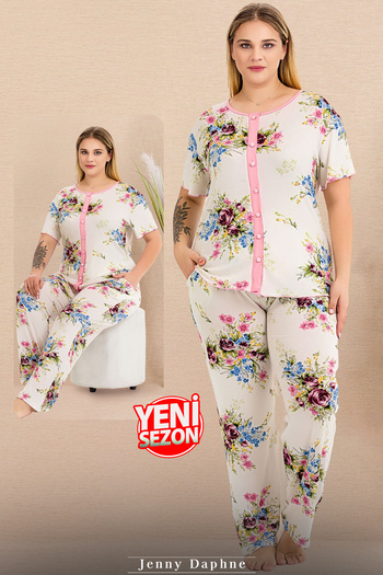 Jenny Daphne Lady Plus Size Rose Print Button Top Short Sleeve Pajamas Set 11015