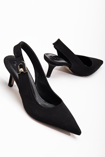 Dilimler Ayakkabı Large Size Women's Heeled Shoes Black Satin Material Stone Buckle