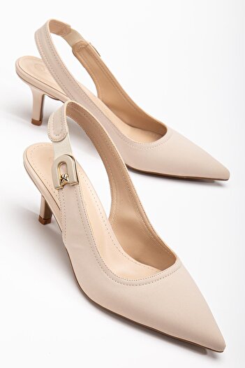 Dilimler Ayakkabı Large Size Women's Heeled Shoes Beige Satin Material Stone Buckle