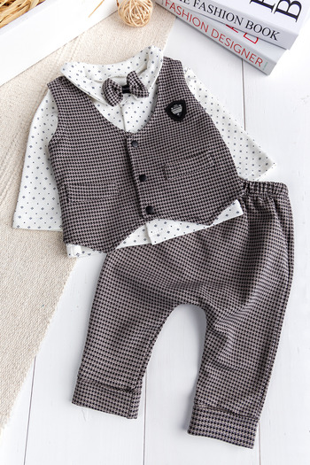 Babymod Goose Feet Patterned Vest and Bow Tie 4-Piece Baby Boy Suit Set Stylish Special Day