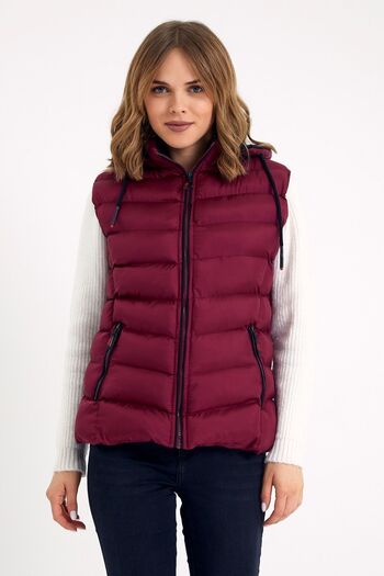 DYNAMO Women's Burgundy Hooded Puffer Vest with Fleece Inside the Hood