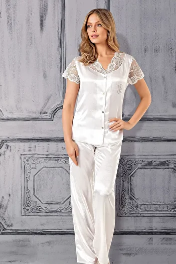 Angels Story Angel's Story 1855 Set de pijamale cu mânecă scurtă din satin pentru femei-alb
