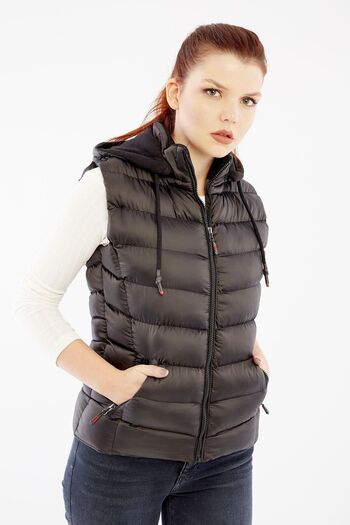 DYNAMO Women's Black Hooded Puffer Vest Fleece Inside the Hood
