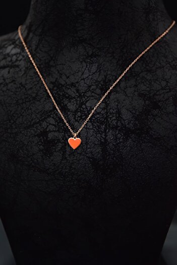 Papatya Silver 925 Ayar Gümüş Rose Kaplama Turuncu Mineli Minimal Kalp Kolye