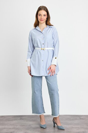 Rays 4298A Çizgili Kemerli Tunik Mavi