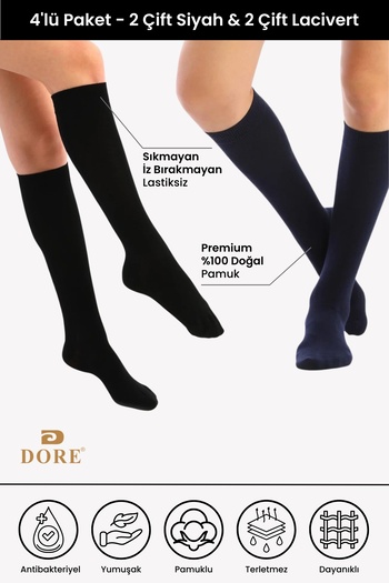 Dore Women's Premium Knee-Length Cotton Socks - 4 Pairs, Seamless and Skin-Free Luxury Bottoming
