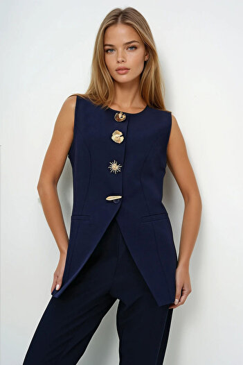 VAGGON Women's Navy Blue Asymmetrical Cut Vest with Metal Accessories Prmx13774