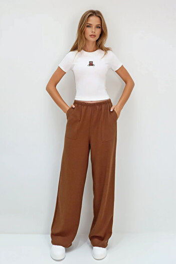 VAGGON Women's Bitter Brown Double Pocket Elastic Waist Linen Wide Leg Pants Prmx13768