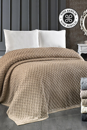 Evlen Home Acrylic Knitted Blanket Double 220 X 240 Cm Bedspread Pique Poly Cappuccino